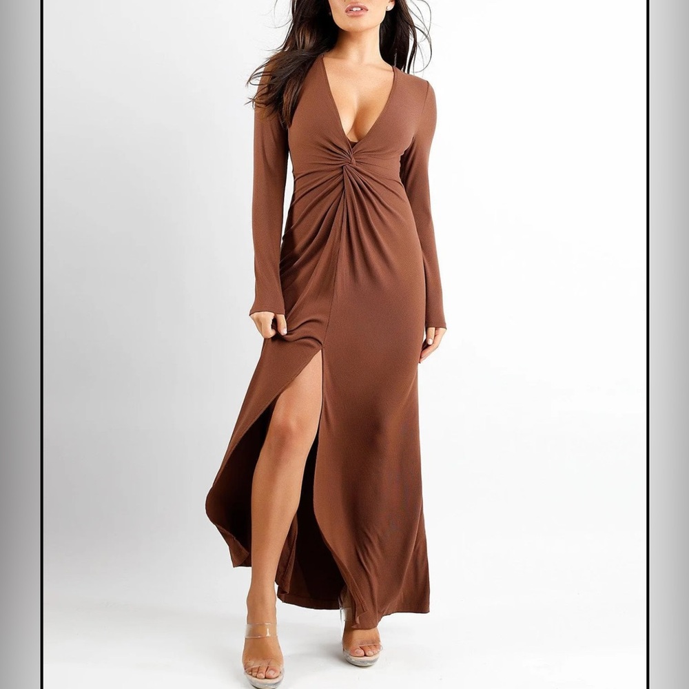 Popilush Brown Twist Front Long Sleeve Shapewear Maxi Dress XL NWT Modal Blend
